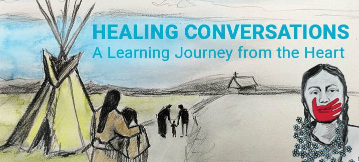An illustration featuring a yellow teepee on the left, with a a man and woman watching as a child is walked toward a church by two adult figures in the distance. On the right is a woman with a red hand painted over her chin and mouth. Over the sky in the image the words "Healing Conversations: A learning Journey from the Heart" are written