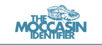 Blue lettering and images over a white background. A moccasin is to the right of the words "The Moccasin Identifier.